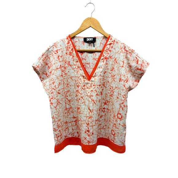 DKNY Top V Neck Women's Size M Orange White Tie Dye Short Sleeve Casual Boho - Picture 1 of 8